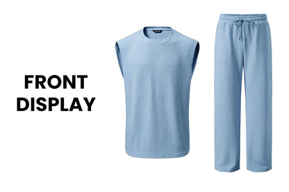 ⚡Hot Sales 49% OFF🔥Men's 2 Piece Rib Knit Sweatsuit Summer Sleeveless Tank Top Baggy Wide Leg Pants Set