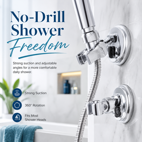 Adjustable shower head holder - Detachable shower head holder with suction cup - Drill-free shower head holde