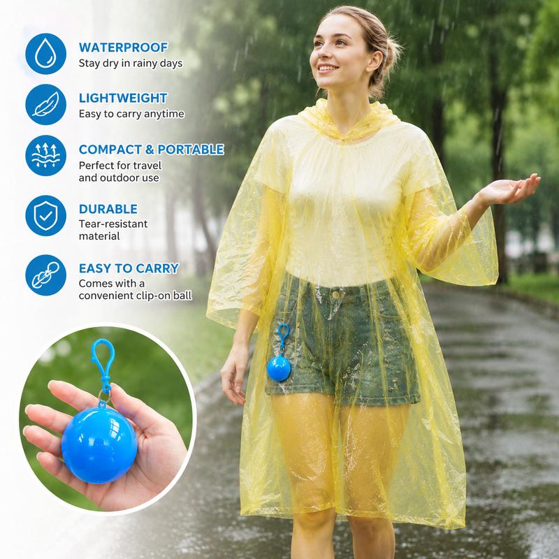Hooded Disposable Rain Poncho, Waterproof Tear-Resistant Portable Raincoat with Keychain Ball