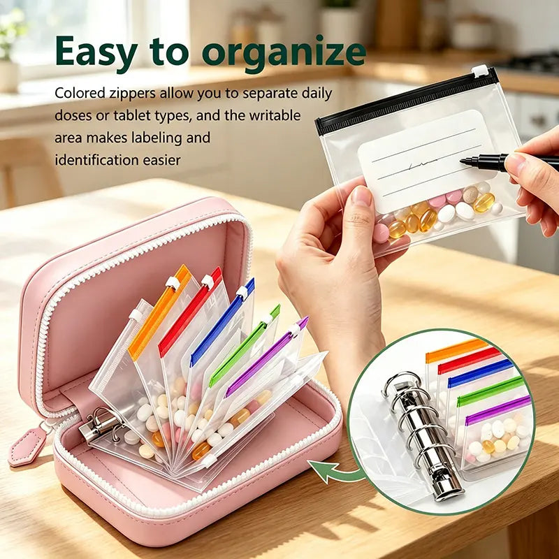 💊 Waterproof Pill Pouch Set – 14pcs A8 Bags, 7–14 Day Med Organizer with Color Labels