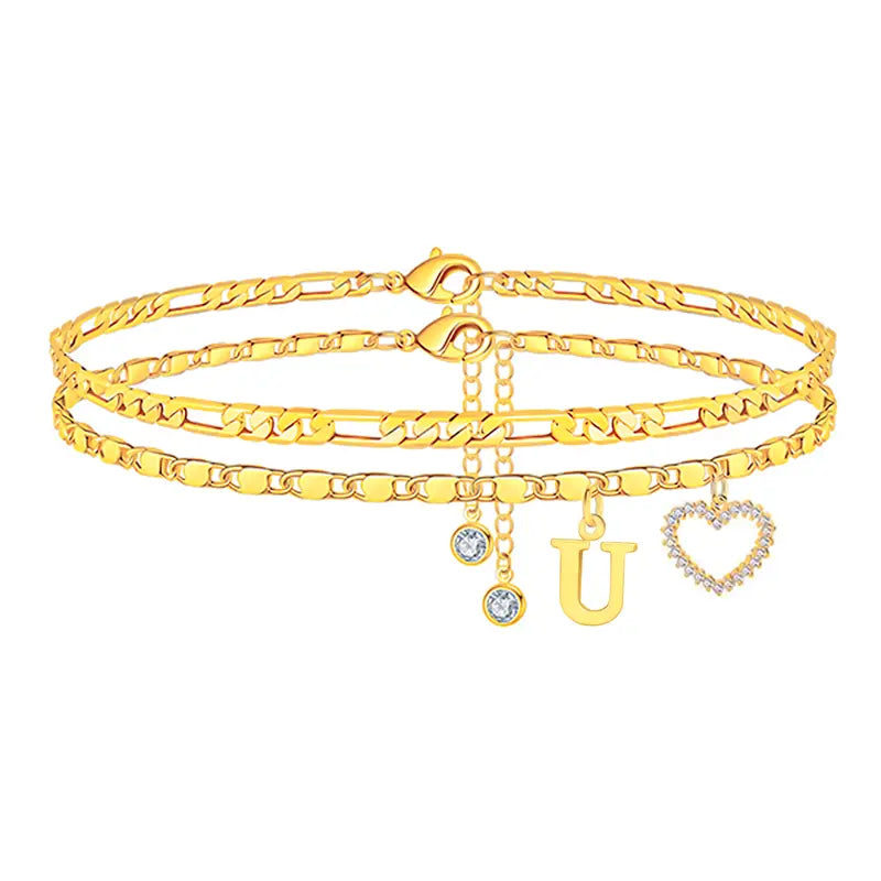 🎁Double-Layer 26-Letter Gold-Tone Chain Heart-Shaped Anklet with a heart-shaped pendant