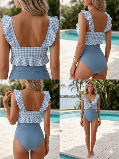 One Piece Swimsuit for Women Tummy Control Ruffle Bathing Suit V Neck Ruched Swim Suit Slimming Cutout Swimwear