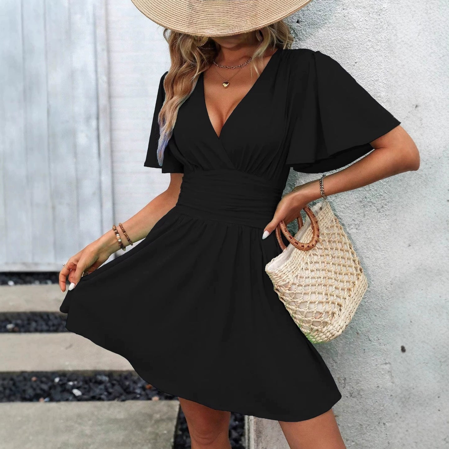 Women's Elegant Ruched Mid-Rise Dress - Flattering V-Neck Knit Midi Dress