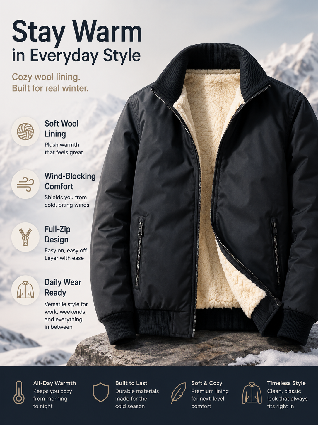 🧥 Men's Wool-Lined Hooded Winter Jacket with Zipper Pockets ❄️