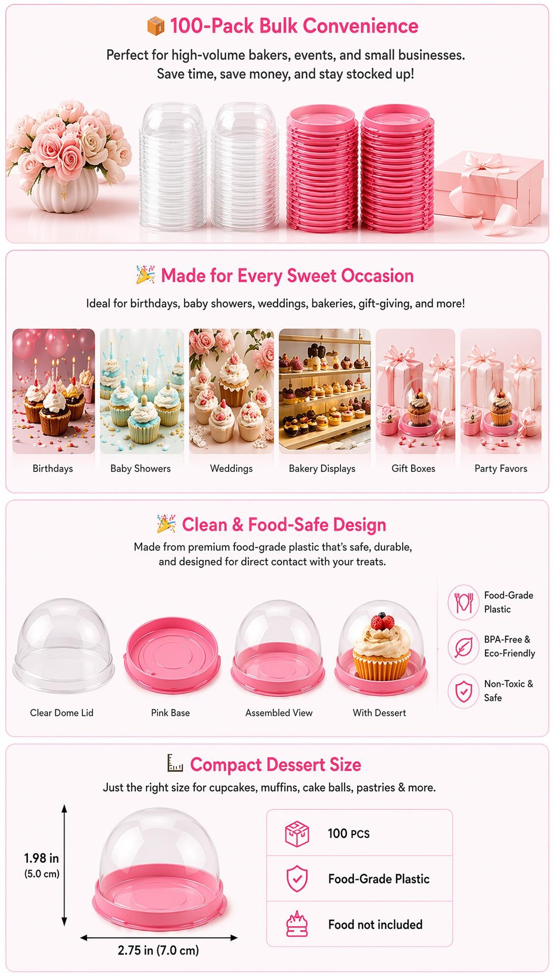 100 Pack Mini Dessert Containers with Dome Lids