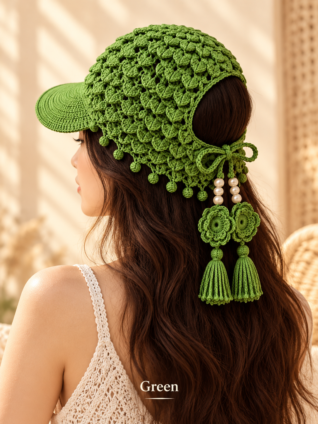🌻 Handmade-Style Crochet Sunflower Boho Cap – Open-Knit Floral Tassel Baseball Hat