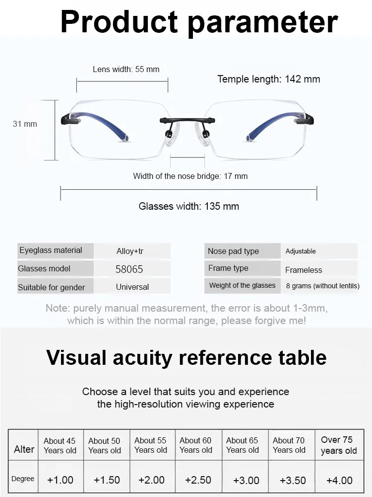 Diamond Edge Frameless Glasses – Blue Light Blocking Clear Readers for Men & Women