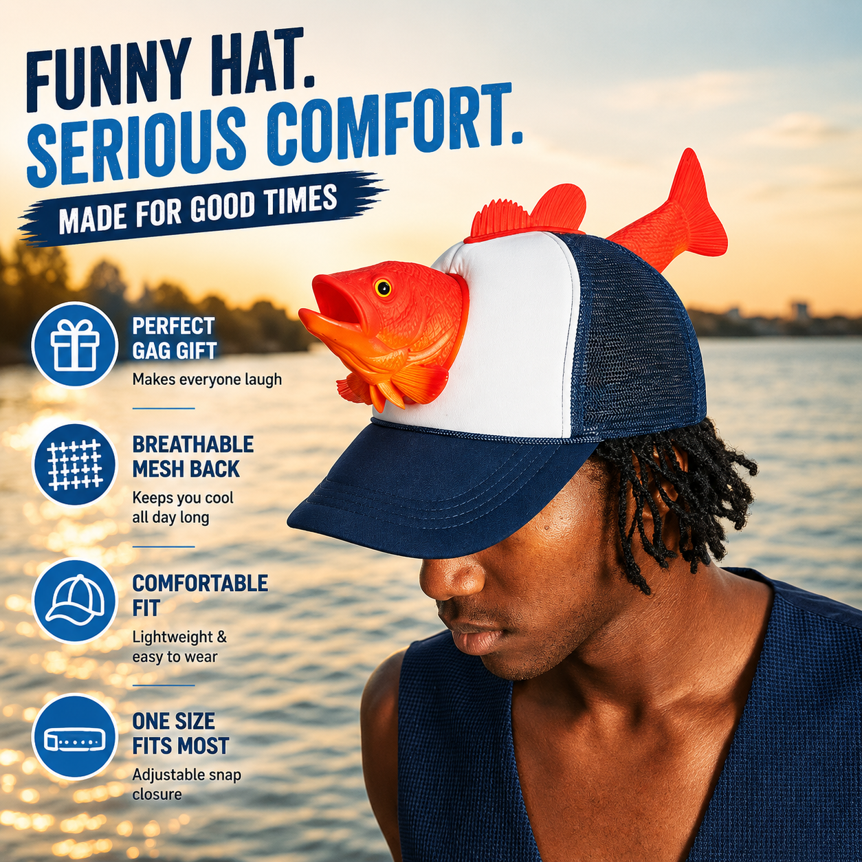 Bass Fish Hat - Hilarious Novelty Bass Fishing Hat, Perfect Gag Fishing Gift for Anglers, Dads & Fish Enthusiasts