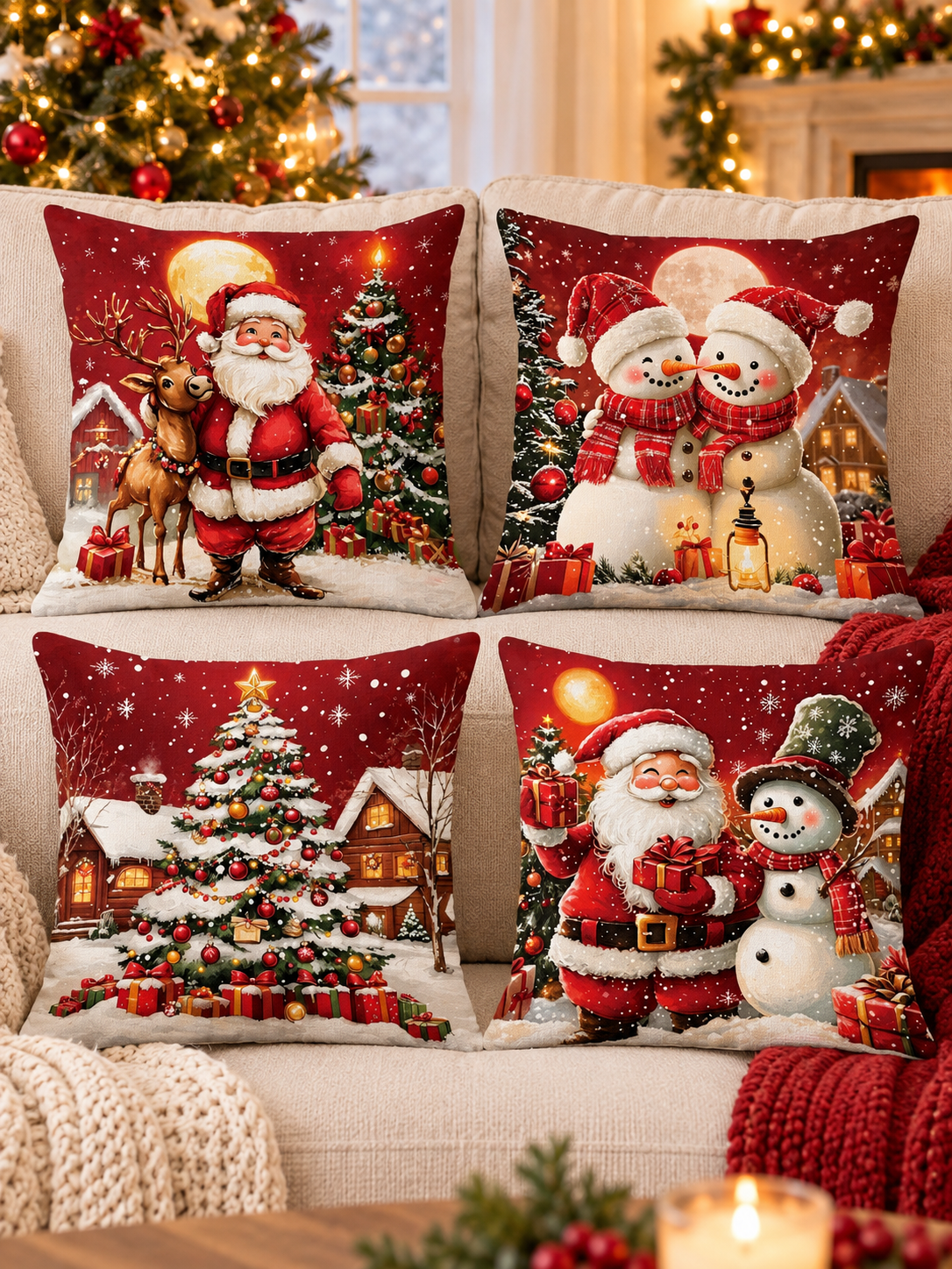 🎄 Christmas Pillow Covers – 4-Piece Santa & Snowman Set, 18×18″ Holiday Cushion Cases