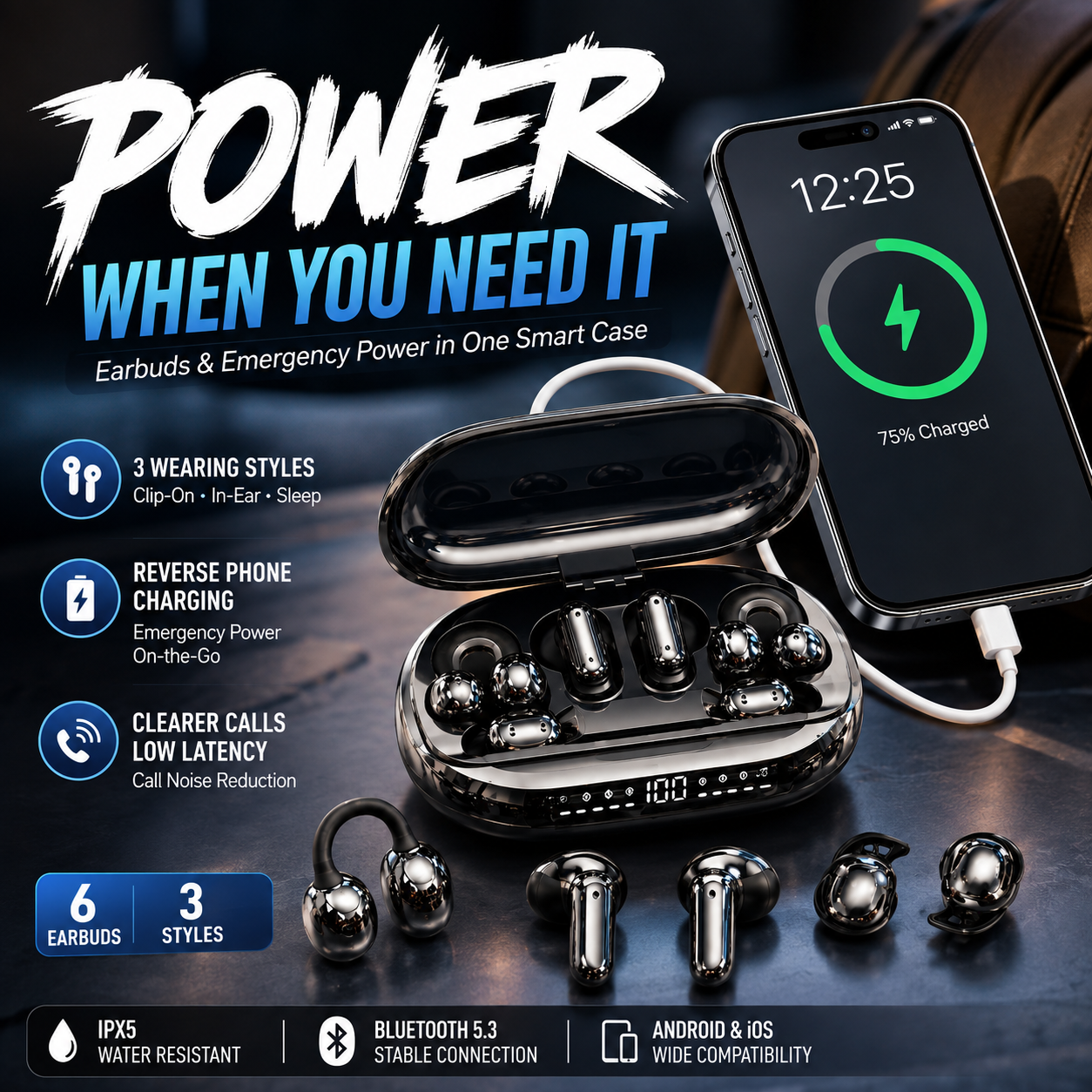 🔥 6-Earbud 3-in-1 Wireless Headphones & Emergency Phone Charger