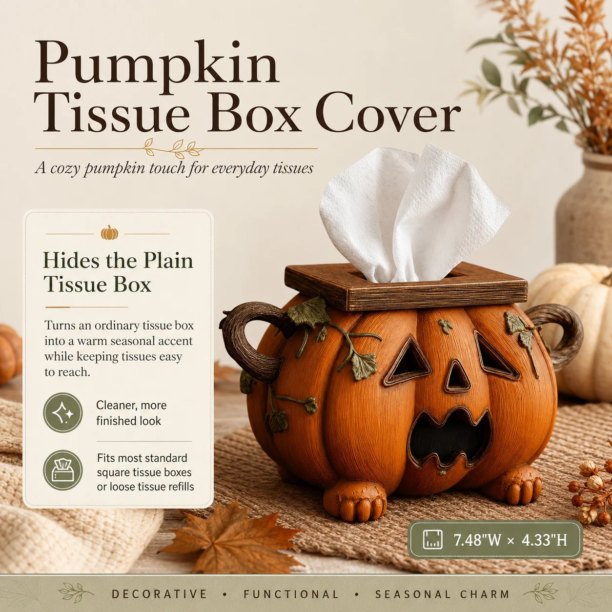 🎃 Pumpkin Halloween Tissue Box Cover-Turn Your Everyday Tissue Box Into A Spooky Fall Decoration