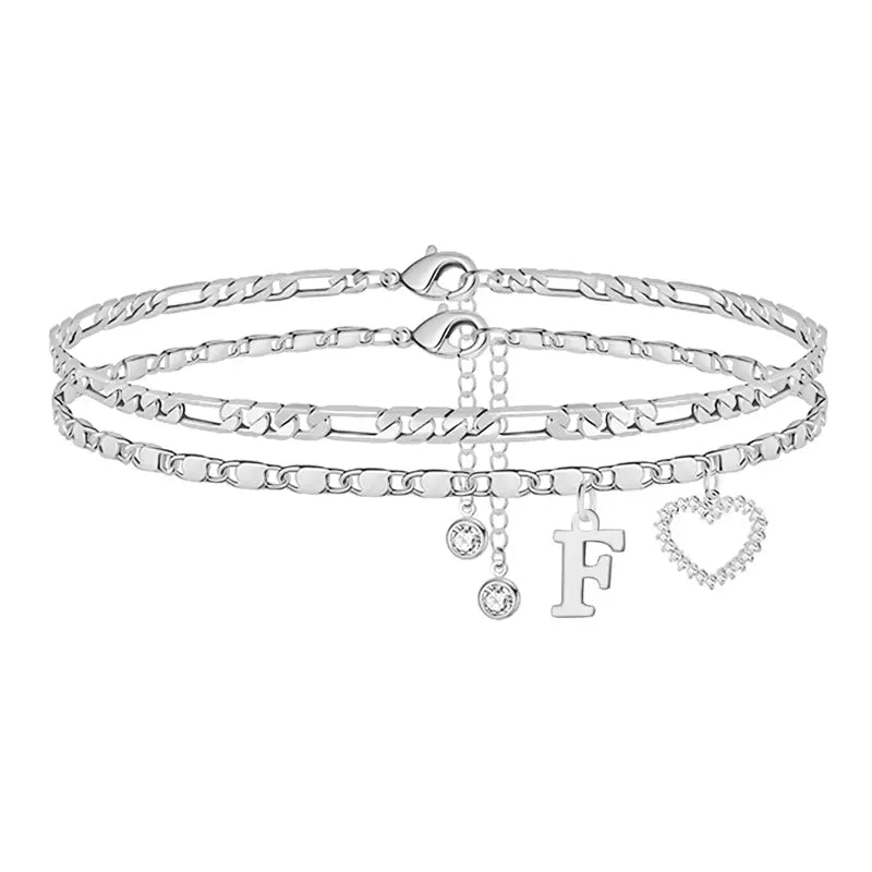 🎁Double-Layer 26-Letter Gold-Tone Chain Heart-Shaped Anklet with a heart-shaped pendant