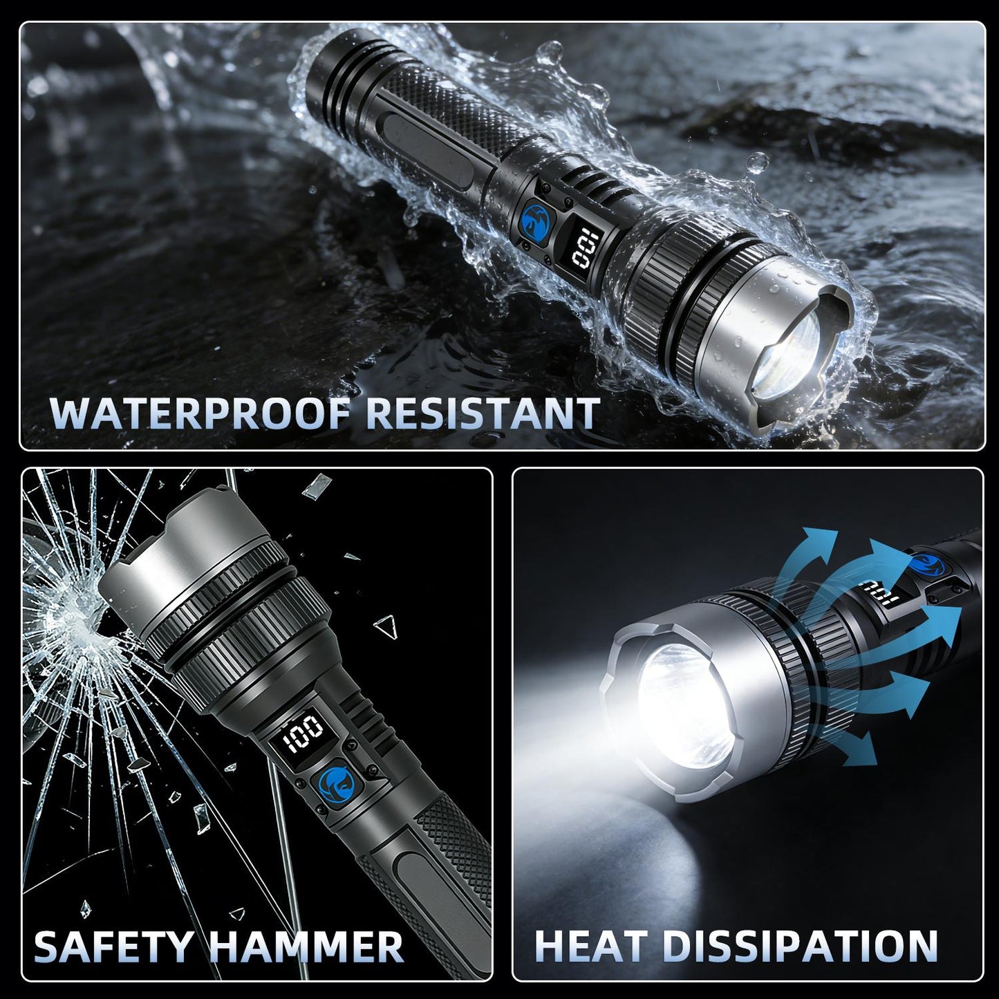 🔦 Rechargeable Zoomable Flashlight – 2-in-1 Power Bank with Digital Display, Waterproof