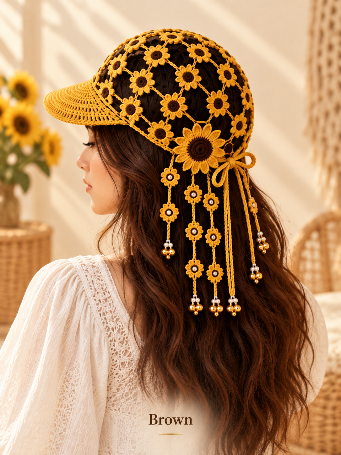 🌻 Handmade-Style Crochet Sunflower Boho Cap – Open-Knit Floral Tassel Baseball Hat