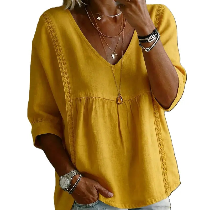 🌸 Bohemian Lace V-Neck Blouse – Puff Sleeves & Side Cut-Outs ✨