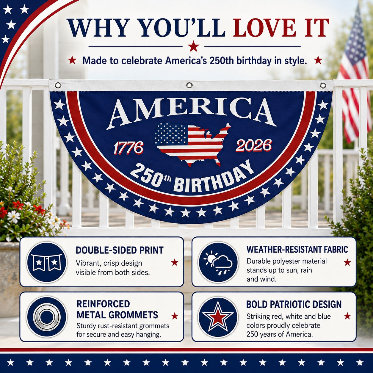 Flash Sale 60% OFF⭐Veteran Made - USA 250th Anniversary Flag Half Round Banner🦅