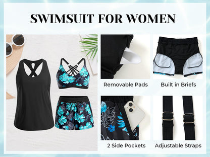 Three Piece Tankini with Shorts with Pockets