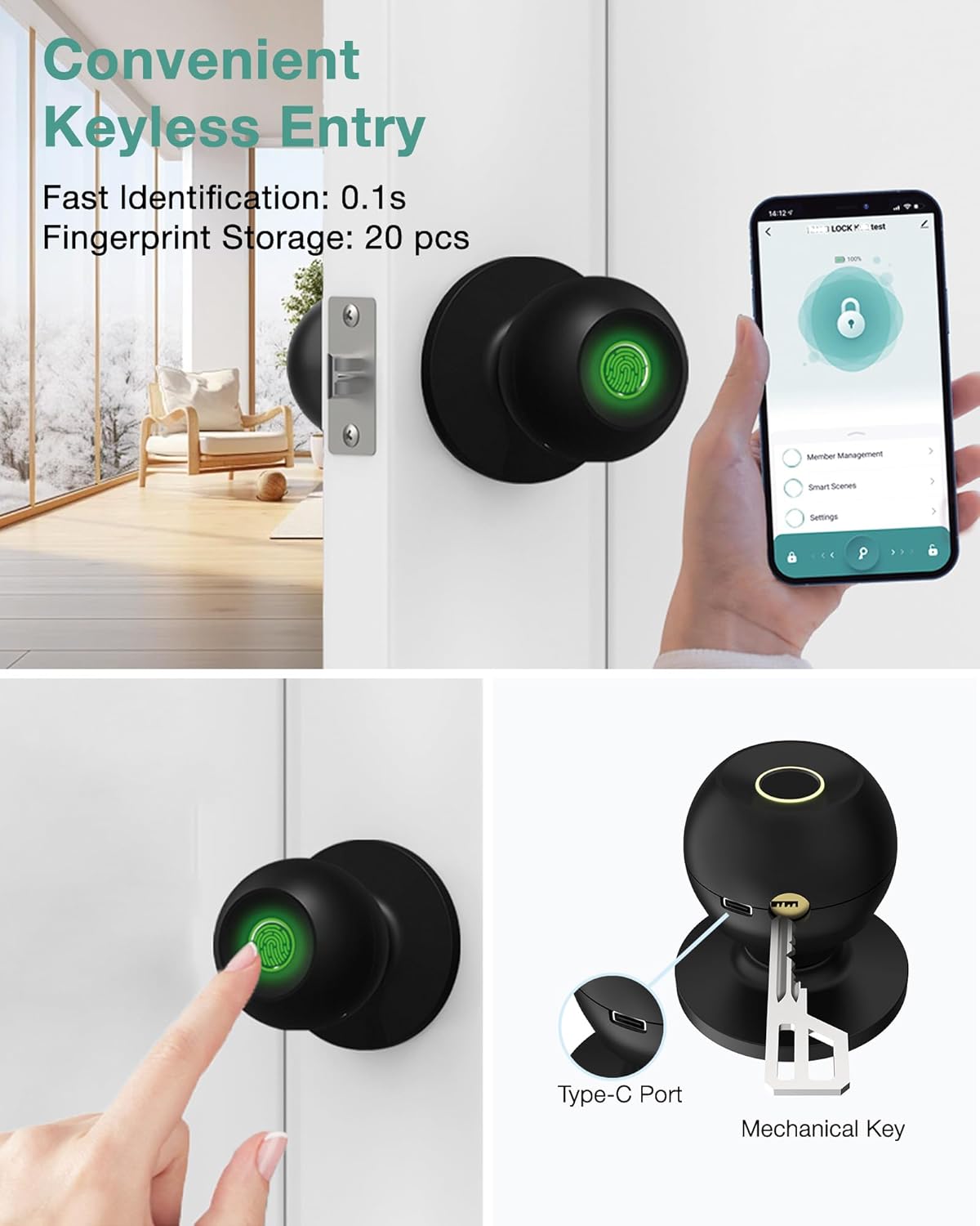 Fingerprint Smart Lock,Keyless Entry Door Lock,Count Smart Door Knob with APP