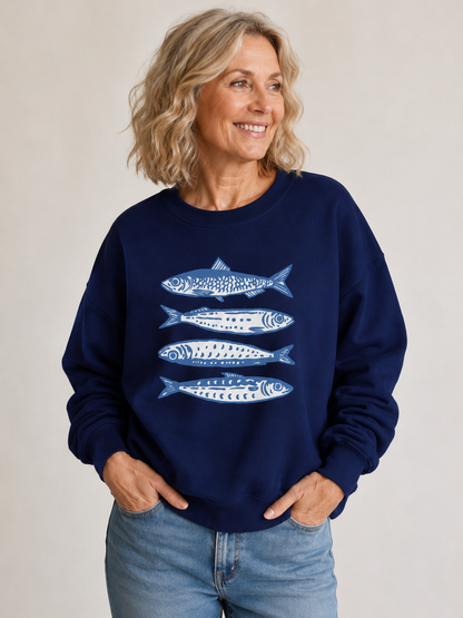 🐟 Trendy Pick 💙 Women’s Sardine Print Sweatshirt - Casual Crewneck Sporty Top