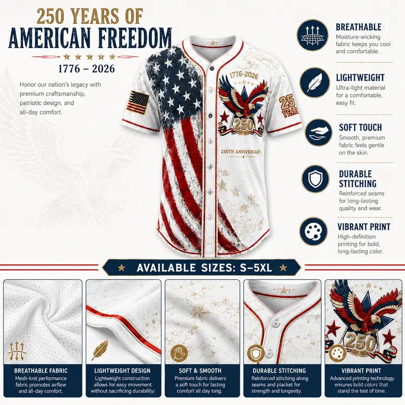 🦅⚾Men's USA 250th Anniversary Baseball Jersey Patriotic American Flag Eagle Button Down Shirt 1776-2026