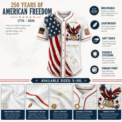 🦅⚾Men's USA 250th Anniversary Baseball Jersey Patriotic American Flag Eagle Button Down Shirt 1776-2026