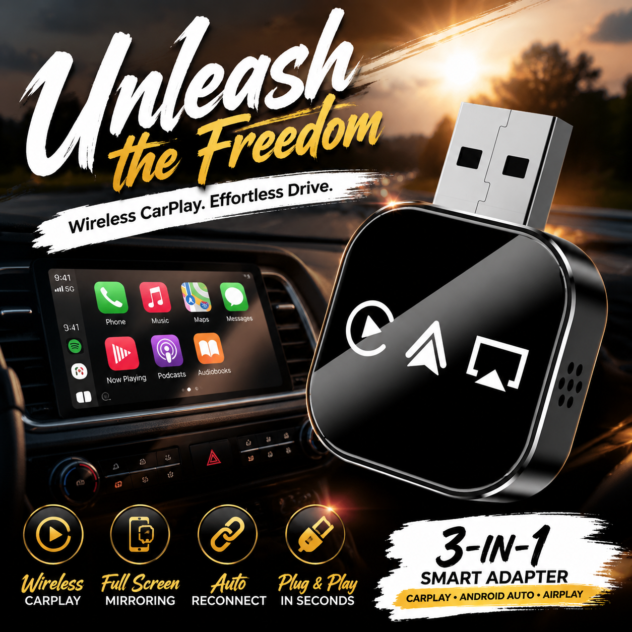 🔥2026 Upgraded 3-in-1 Wireless CarPlay Adapter | Plug & Play Mini AirPlay Mirror Link