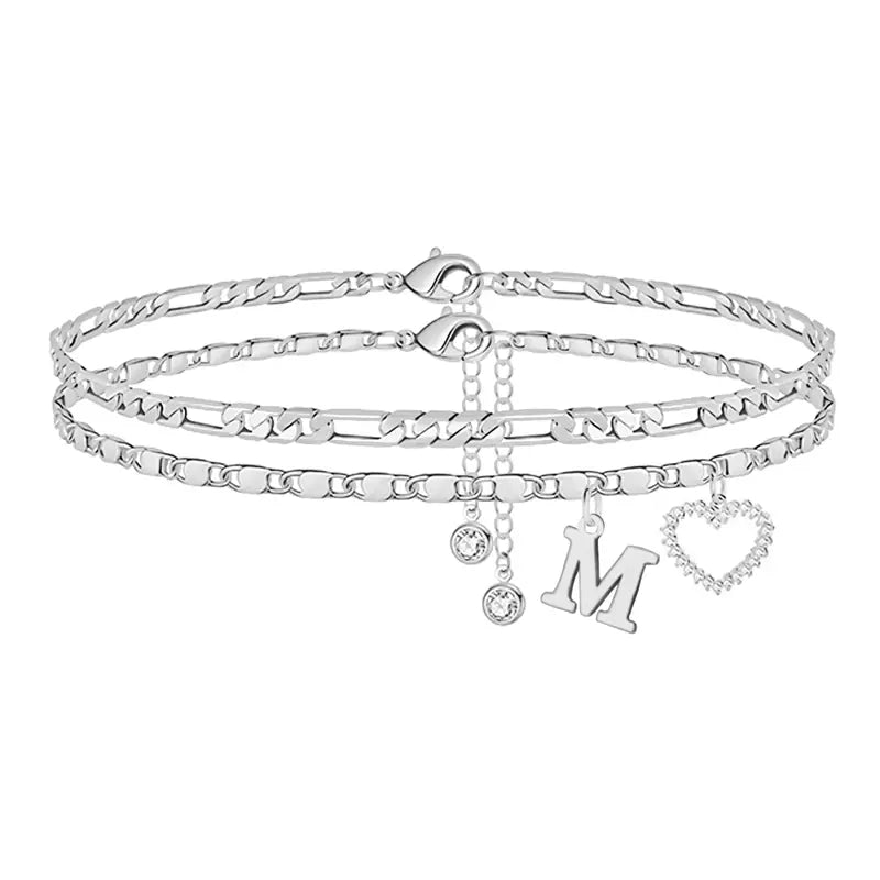 🎁Double-Layer 26-Letter Gold-Tone Chain Heart-Shaped Anklet with a heart-shaped pendant