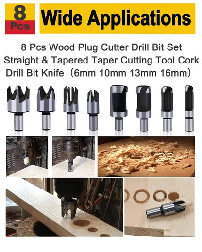 8Pcs Wood Plug Cutter Drill Bit Set | Straight & Tapered Wood Hole Plug Making Bits