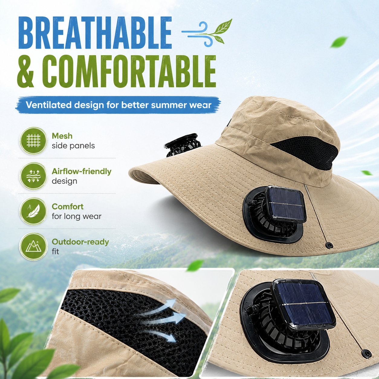 Dual Solar/USB Powered Fan Safari Hat