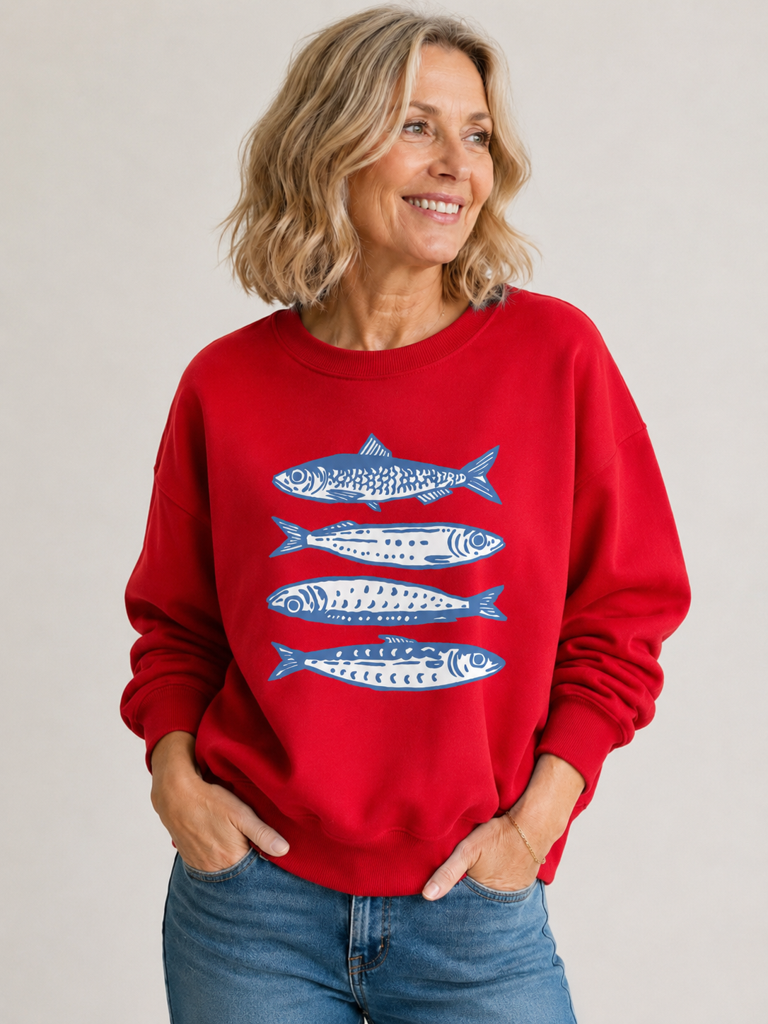🐟 Trendy Pick 💙 Women’s Sardine Print Sweatshirt - Casual Crewneck Sporty Top