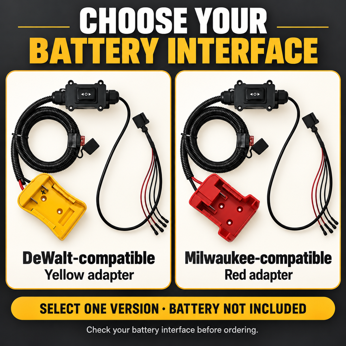 DeWalt-compatible yellow and Milwaukee-compatible red battery interfaces