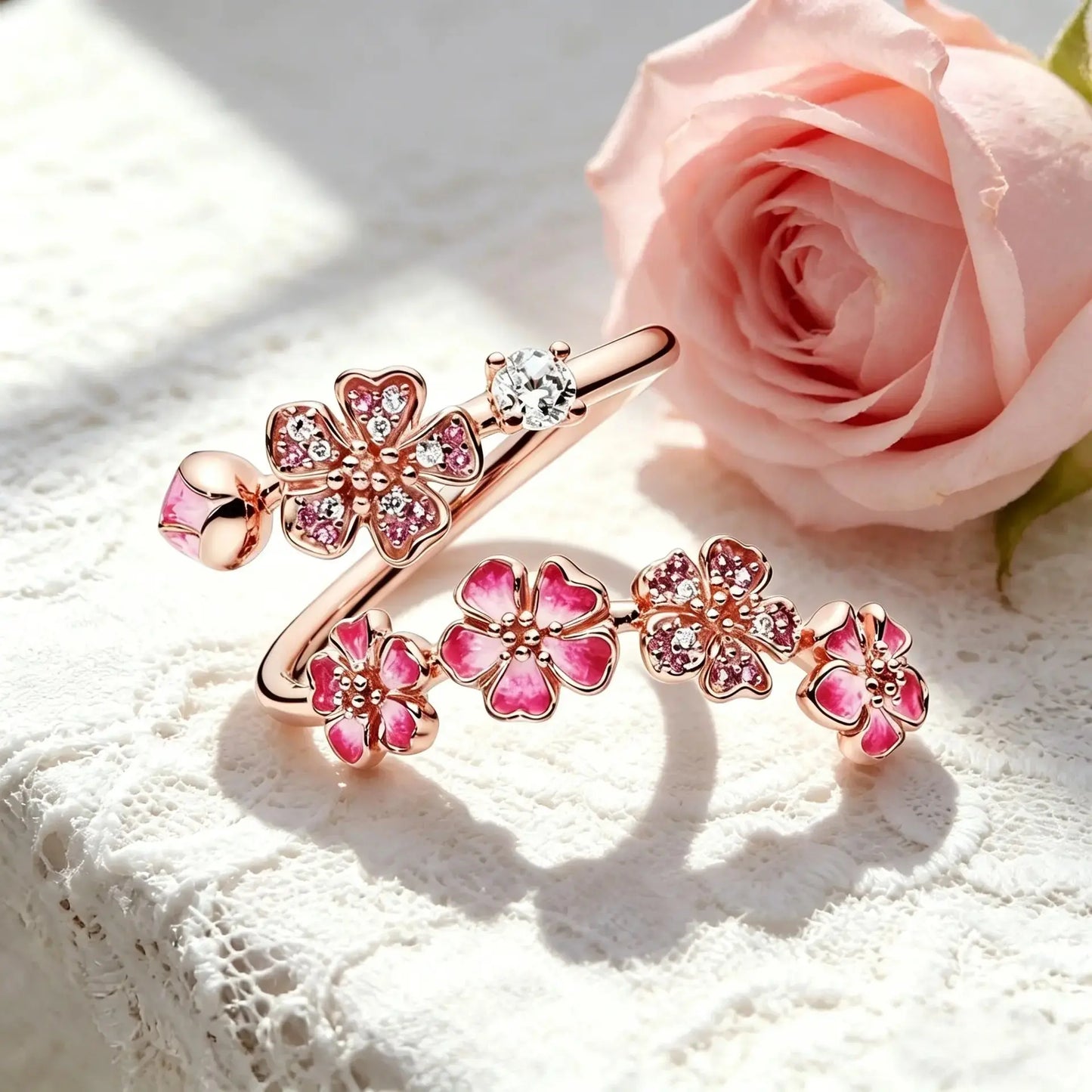 Adjustable Peach Blossom Ring for Women, Pink Floral Open Band Ring, 18K Gold Plated Cubic Zirconia Flower Jewelry Gift for Her
