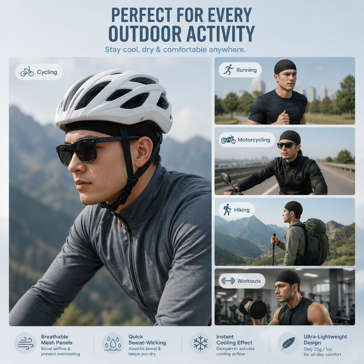 🧢 2 Pack Breathable Skull Cap for Men | Lightweight Sweat-Wicking Head Wrap & Helmet Liner for Cycling, Running & Motorcycling