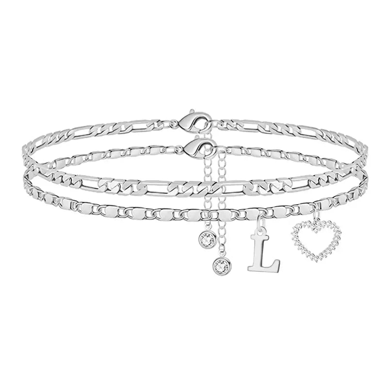 🎁Double-Layer 26-Letter Gold-Tone Chain Heart-Shaped Anklet with a heart-shaped pendant