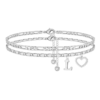 🎁Double-Layer 26-Letter Gold-Tone Chain Heart-Shaped Anklet with a heart-shaped pendant