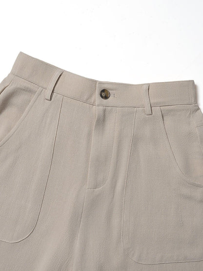 Women's Classical Linen Palazzo Pants Summer Flowy Wide Straight Leg Beach Trousers With Pocket Casual Solid Color Soft Elastic High Waist Lounge Pants