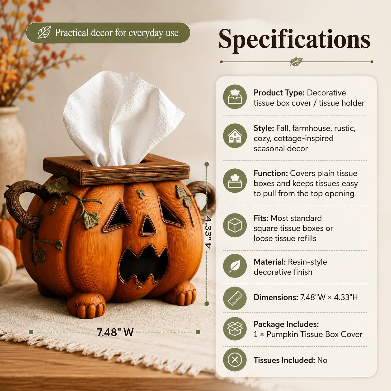 🎃 Pumpkin Halloween Tissue Box Cover-Turn Your Everyday Tissue Box Into A Spooky Fall Decoration