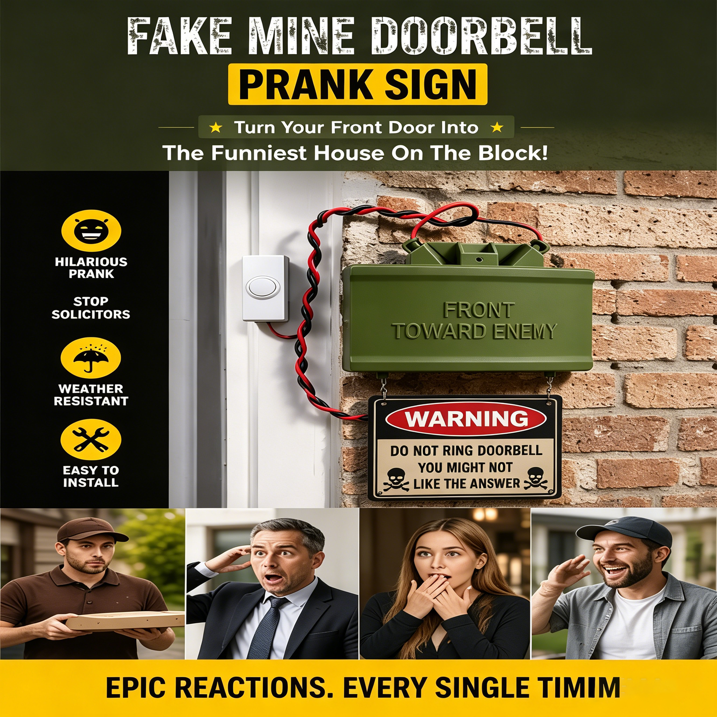 😈 Fake Mine Doorbell Prank Sign – Funny “Front Toward Enemy” No Soliciting Doorbell Cover for Home Entryway & Delivery Driver Reactions