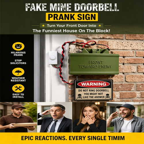 😈 Fake Mine Doorbell Prank Sign – Funny “Front Toward Enemy” No Soliciting Doorbell Cover for Home Entryway & Delivery Driver Reactions