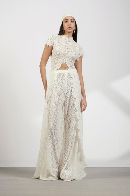 ⚡Hot Sales 49% OFF🔥2-Piece Boho Lace Set Sexy Halter Crop Top with Bell Sleeves & High-Waisted Wide-Leg Pants