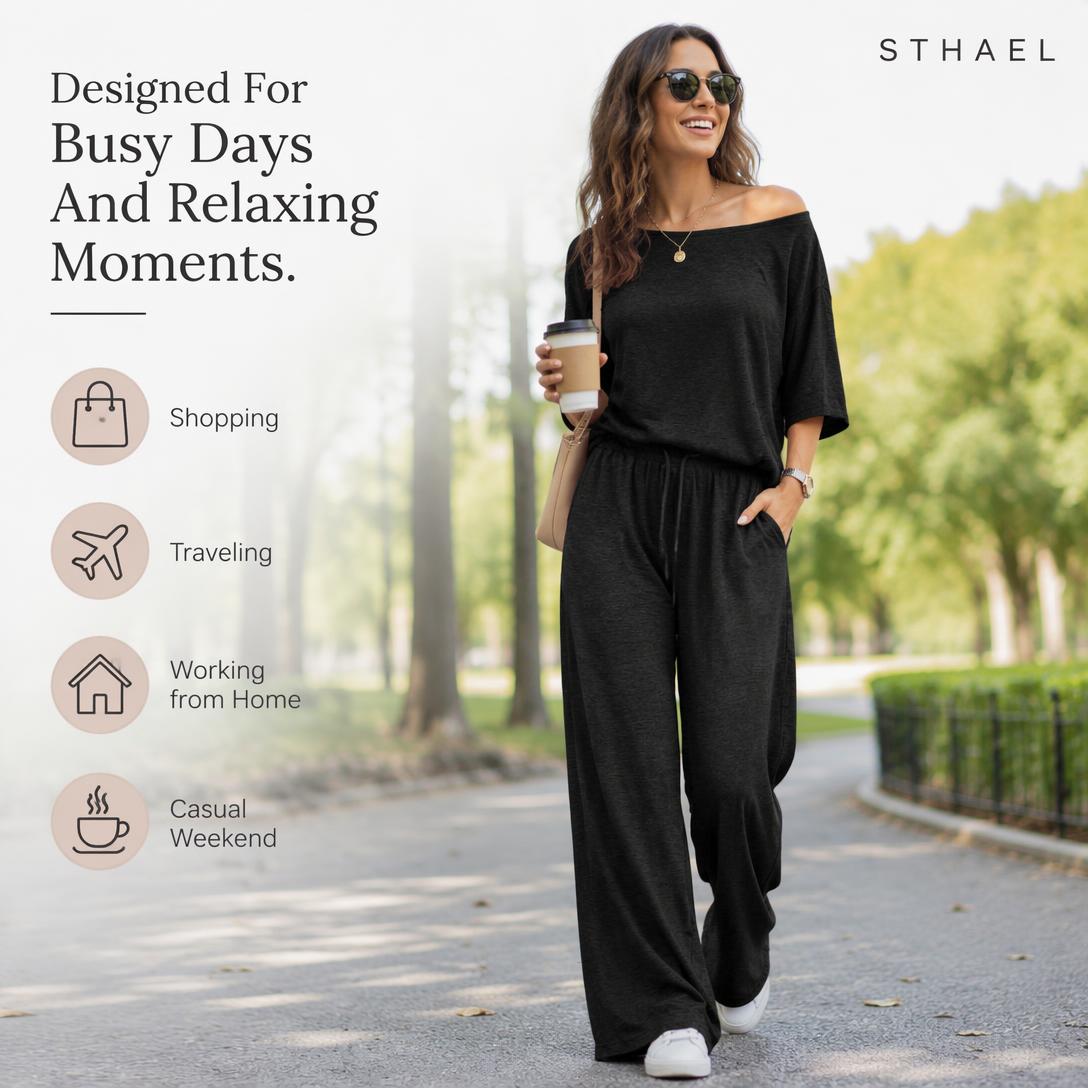 Women's Off-Shoulder Top & Wide-Leg Pants Set