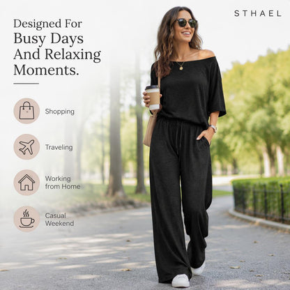 Women's Off-Shoulder Top & Wide-Leg Pants Set
