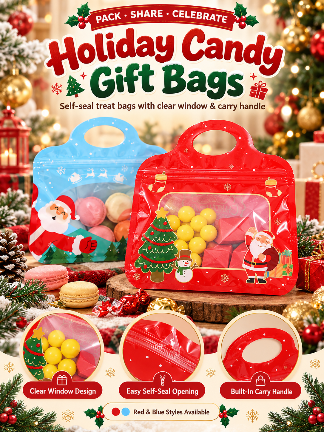 🎄Bestseller Self-Sealing Christmas Candy and Cookie Bags🍪Festive Self-Seal Treat Bags