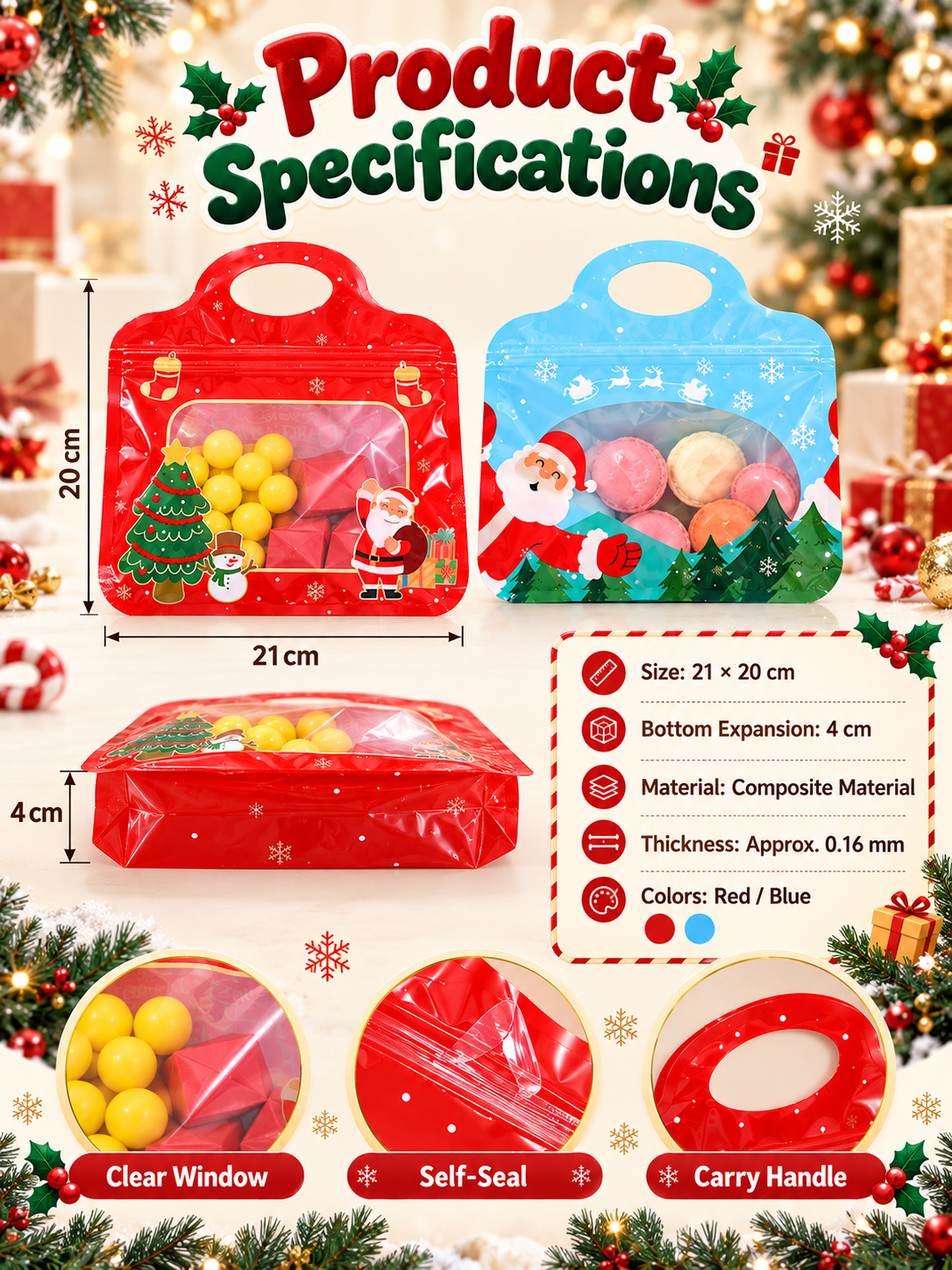 🎄Bestseller Self-Sealing Christmas Candy and Cookie Bags🍪Festive Self-Seal Treat Bags