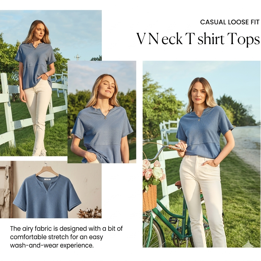Women's Summer Waffle Knit Top - Casual V-Neck Short Sleeve Shirt Loose Fit
