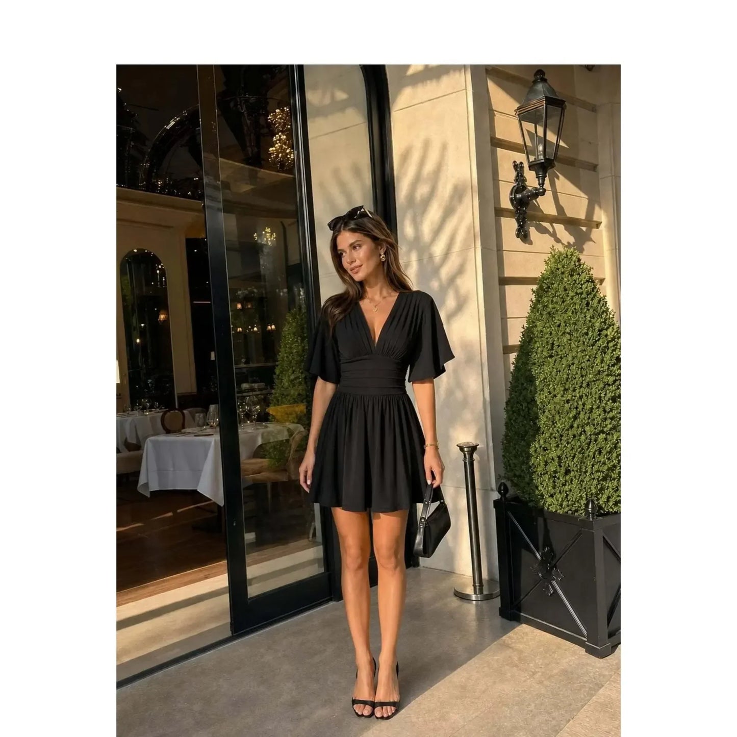Women's Elegant Ruched Mid-Rise Dress - Flattering V-Neck Knit Midi Dress
