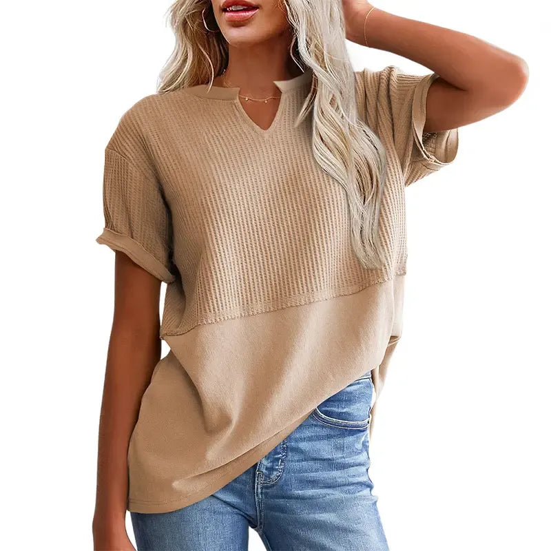 Women's Summer Waffle Knit Top - Casual V-Neck Short Sleeve Shirt Loose Fit