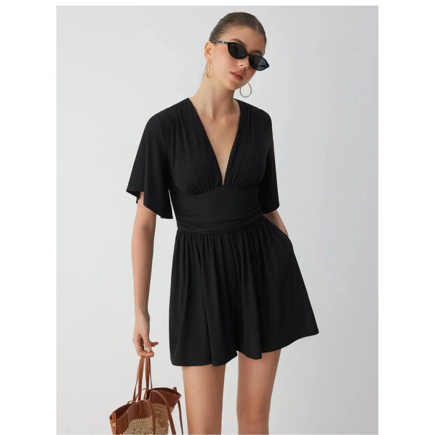 Women's Elegant Ruched Mid-Rise Dress - Flattering V-Neck Knit Midi Dress