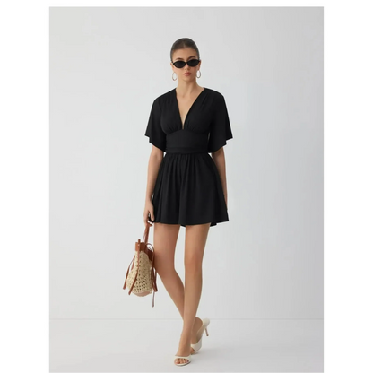 Women's Elegant Ruched Mid-Rise Dress - Flattering V-Neck Knit Midi Dress