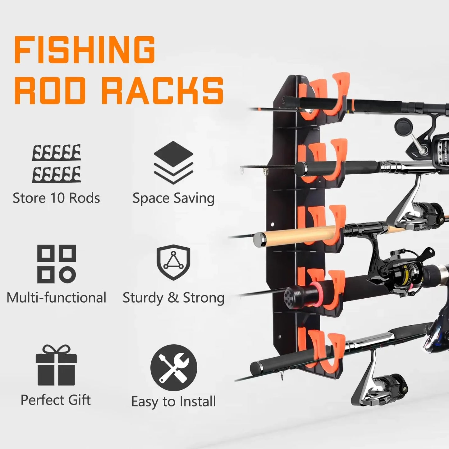 Heavy-Duty 10-Rod Garage Fishing Pole Holder – Wall & Ceiling Mount Organizer